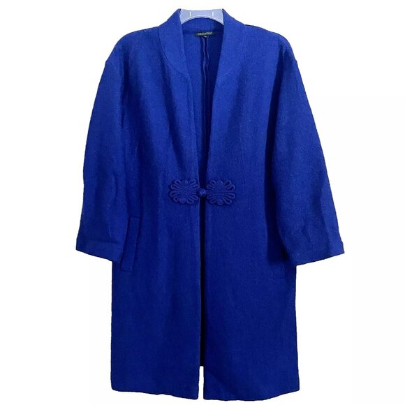 For Cynthia Blue Long Cardigan Jacket Size Large Asian Style Boiled Wool Artsy - Picture 1 of 9